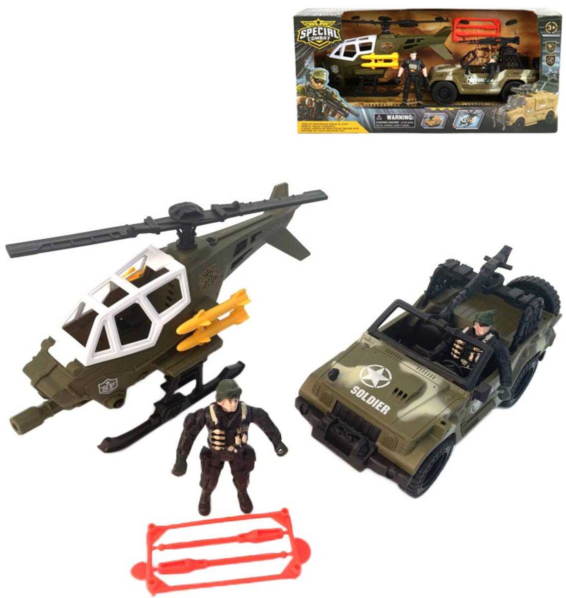 Vojenské army vozidlo set s helikoptérou a vojáky s doplňky plast v krabici