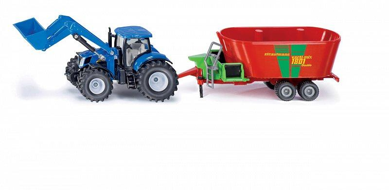 SIKU Farmer - traktor New Holland s předním nakladačem a vlekem, 1:50