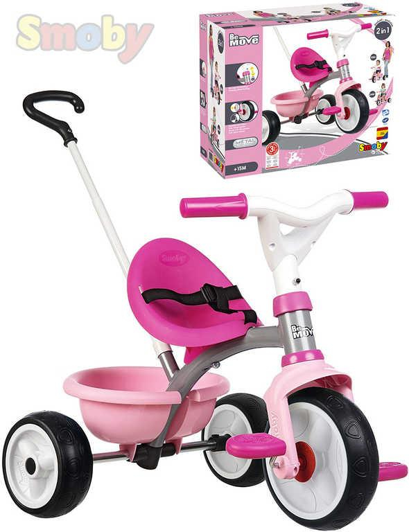 SMOBY Baby tříkolka šlapací Be Move 68x52x52cm růžová s vodící tyčí 2v1