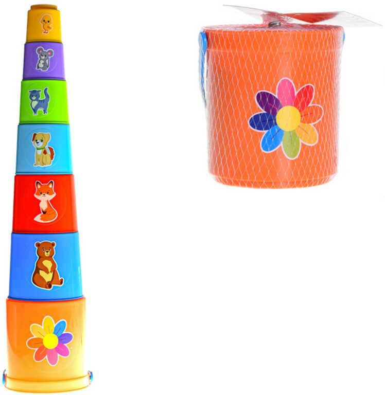 Pyramida baby skládací věžička set stohovací kalíšky 6ks v kyblíčku plast