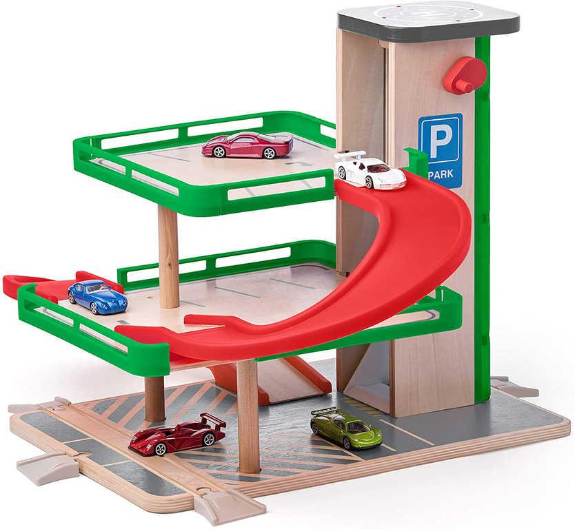 WOODY DŘEVO Garáž s výtahem herní set parkovací dům se SIKU autíčky