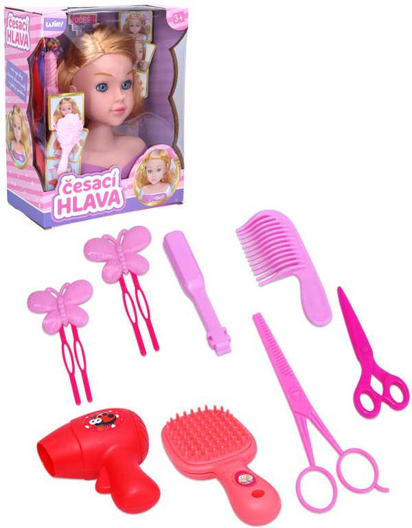 Hlava česací 22cm kadeřnický set s fénem a doplňky v krabici