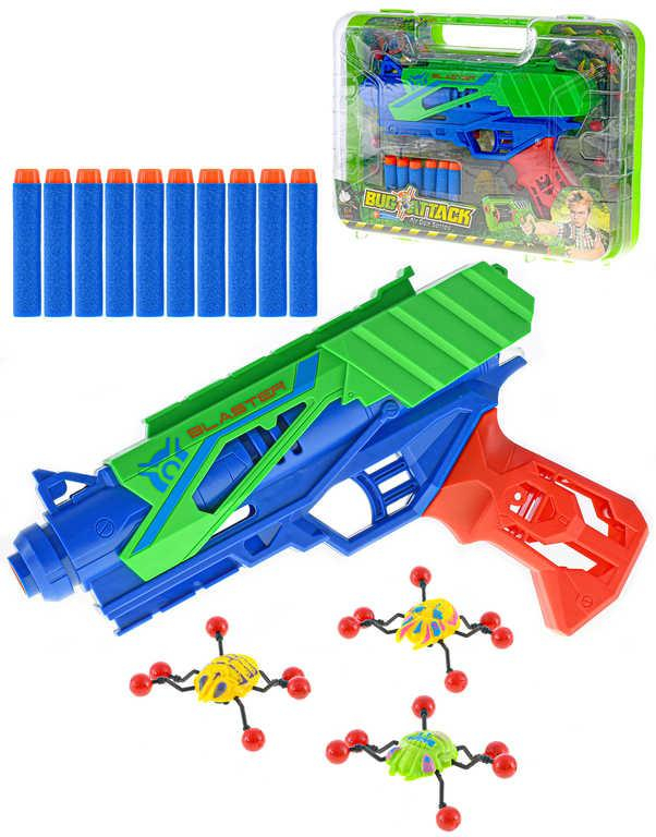 Pistole 24cm + soft náboje 6ks s hmyzem k sestřelení v kufříku