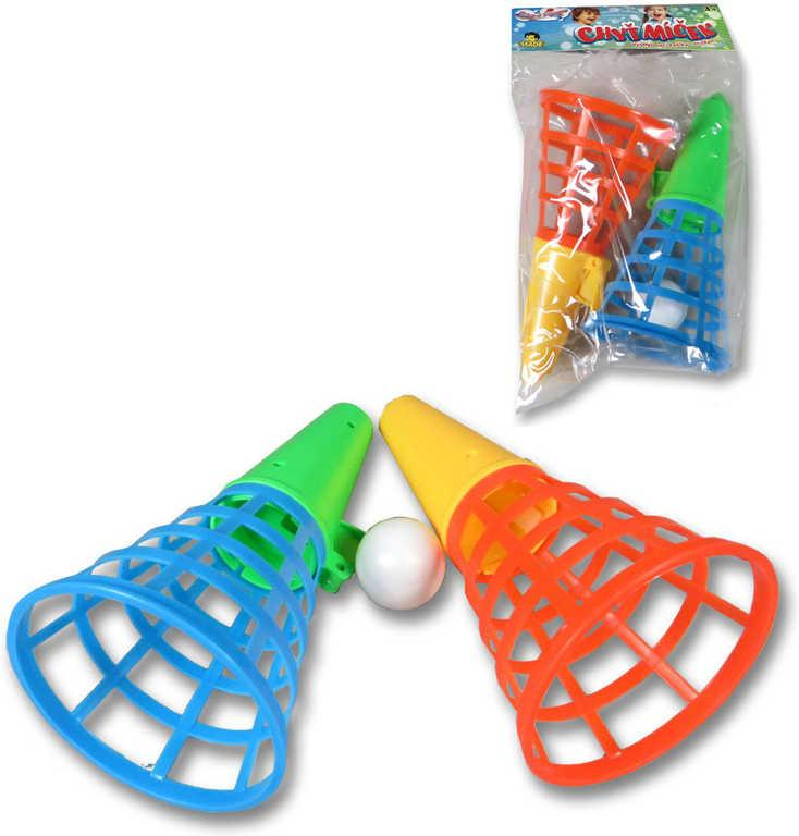 Hra catch ball set 2 vystřelovací košíčky s míčkem chytání míčků v sáčku