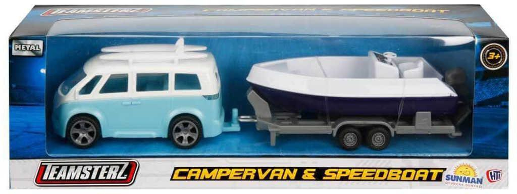 Teamsterz auto karavan kovový set s přívěsem a motorovým člunem 4 barvy