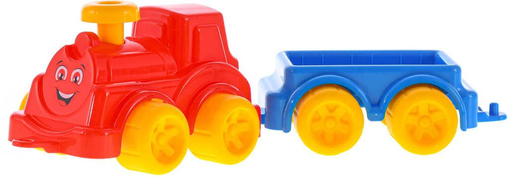 Baby vláček barevný set lokomotiva + vagón s obličejem 2 barvy plast