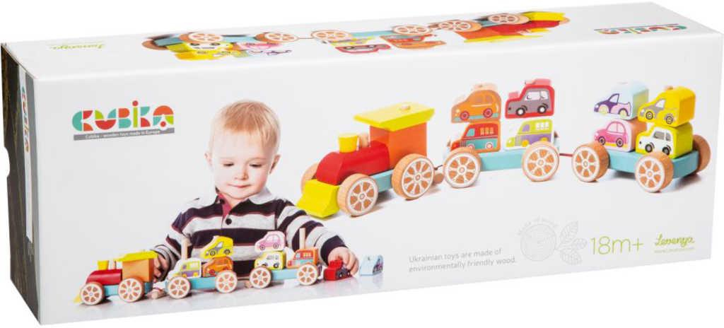 CUBIKA DŘEVO Baby Vláček s auty navlékací stavebnice set 14 dílků