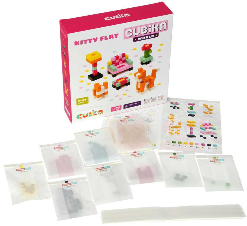 CUBIKA DŘEVO Pixel Stavebnice 3D Pokojík s kočičkou 200 dílků 1x1cm