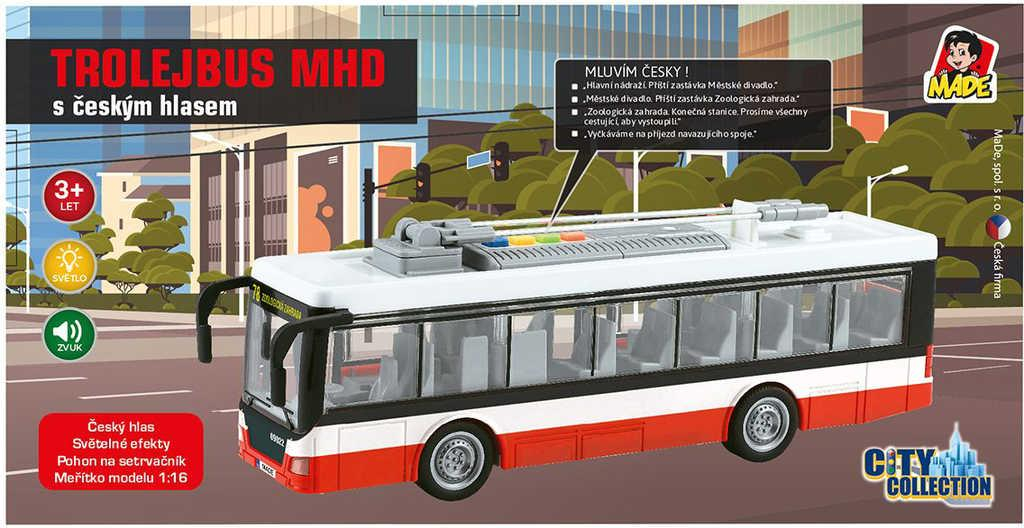 Trolejbus MHD český na setrvačník hlásí stanice na baterie Světlo Zvuk CZ