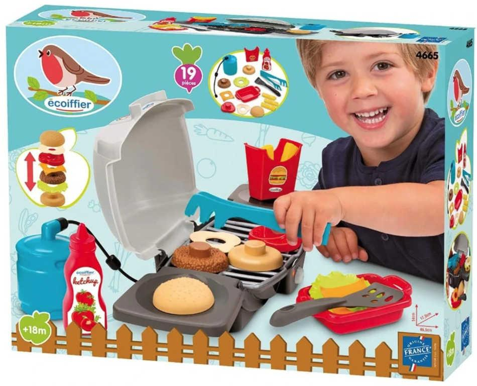 ECOIFFIER Dětský Burger Grill Barbeque plynový set s maketami potravin a nástroji
