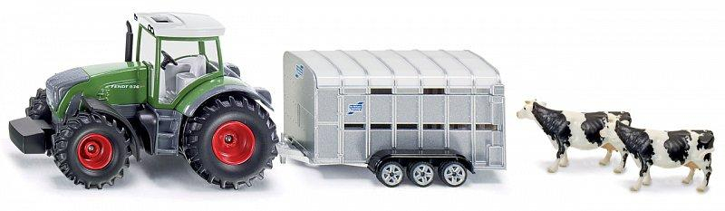 SIKU Super - Traktor John Deere s přívěsem pro přepravu dobytka vč. 2 krav, 1:50