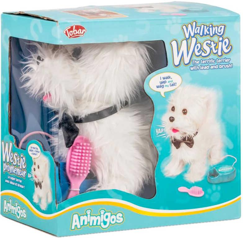 MAC TOYS Psík Westie chodící na baterie na vodítku set s hřebenem Zvuk PLYŠ