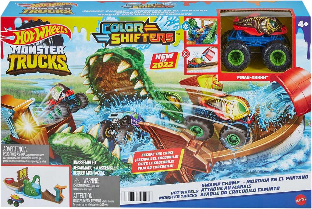 MATTEL HOT WHEELS Monster Trucks Color Shifters krokodýl set auto s akční dráhou