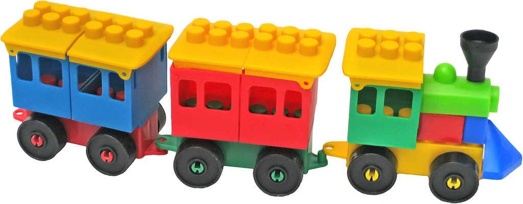 PL Bobo System Vláček plastový barevný set mašinka se dvěma vagónky