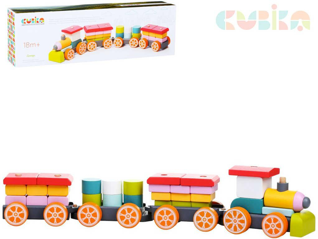 CUBIKA DŘEVO Baby vláček 3 vagóny navlékací stavebnice 35 dílků pro miminko