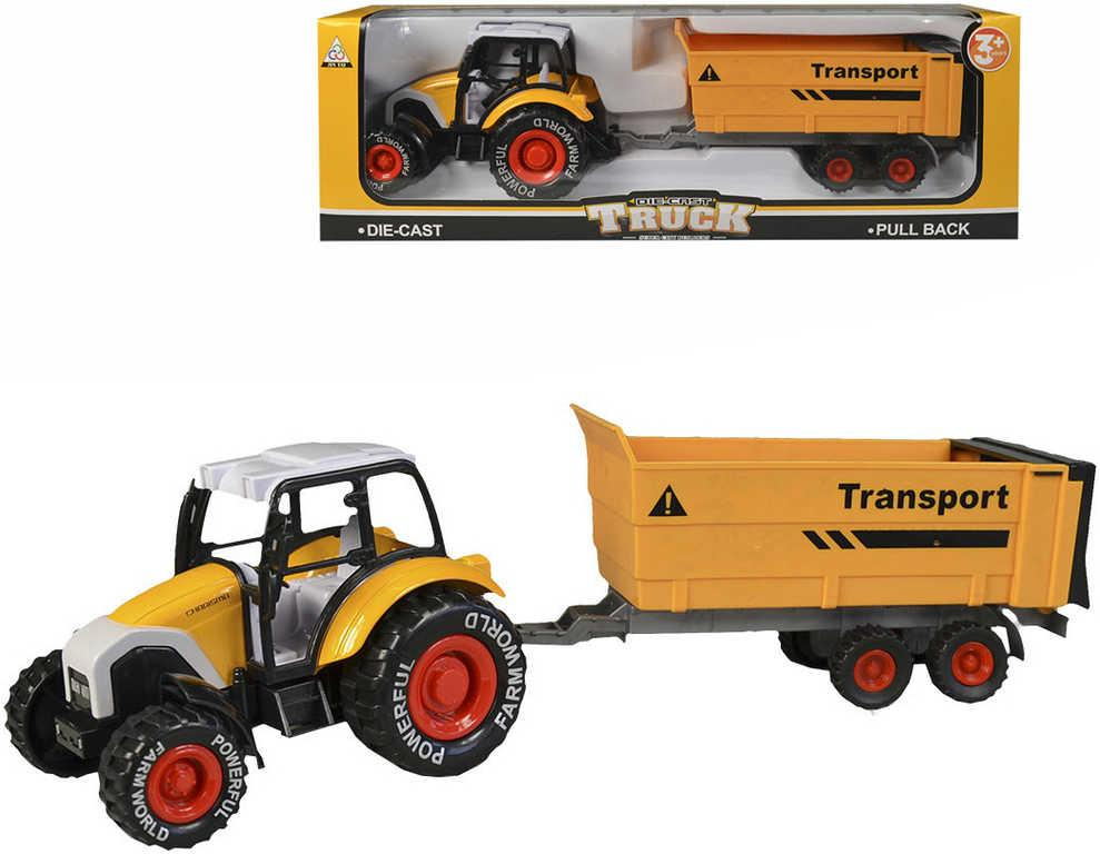 Traktor set s vlečkou kovový 35cm zpětný chod oranžový v krabici