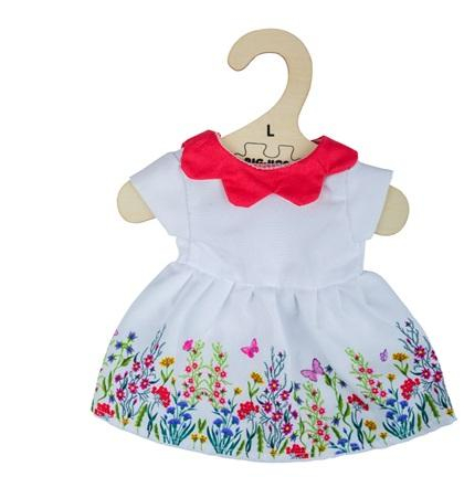 Bigjigs Toys Bílé květinové šaty s červeným límečkem pro panenku 38 cm