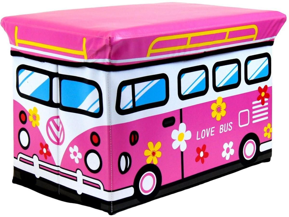 Skládací úložný box a sedačka pro děti - Veselý autobus bílo-růžový