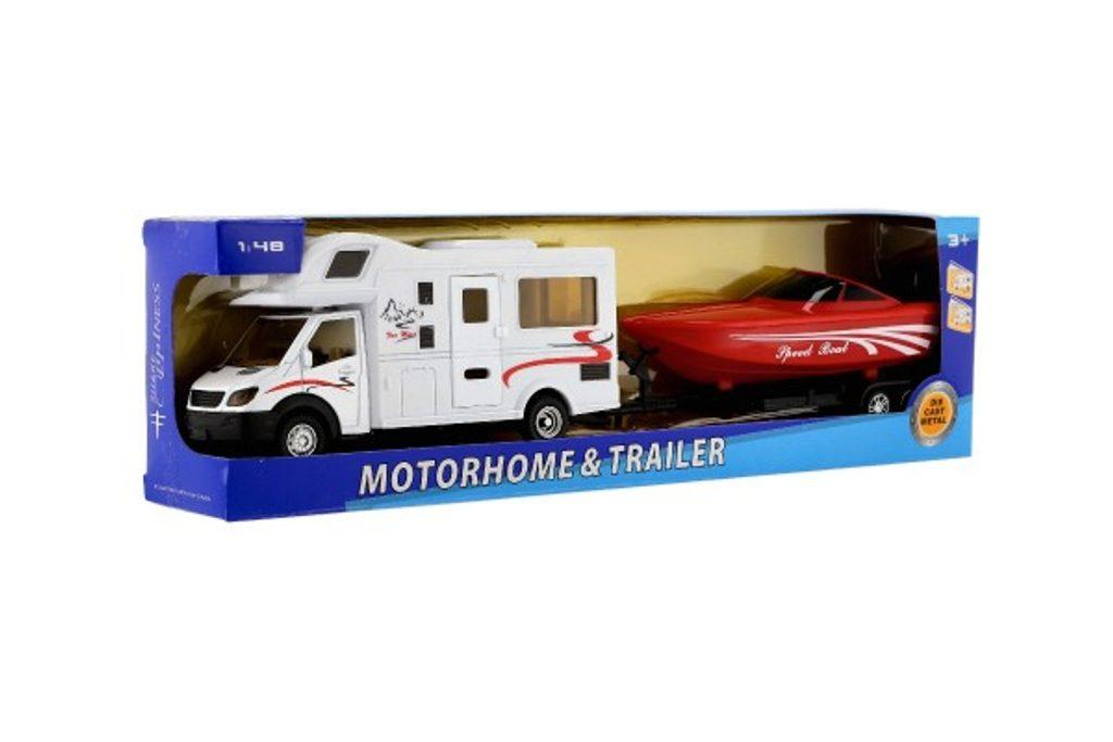 Auto obytné se člunem kov/plast 34cm na zpětné natažení 2 barvy v krabičce 36x10,5x6cm