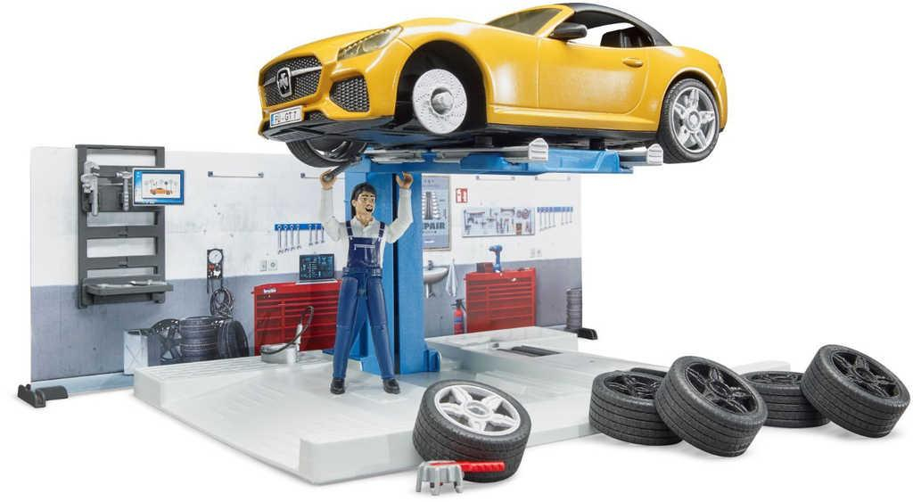 BRUDER 62110 BWORLD Autodílna herní set s mechanikem a autem