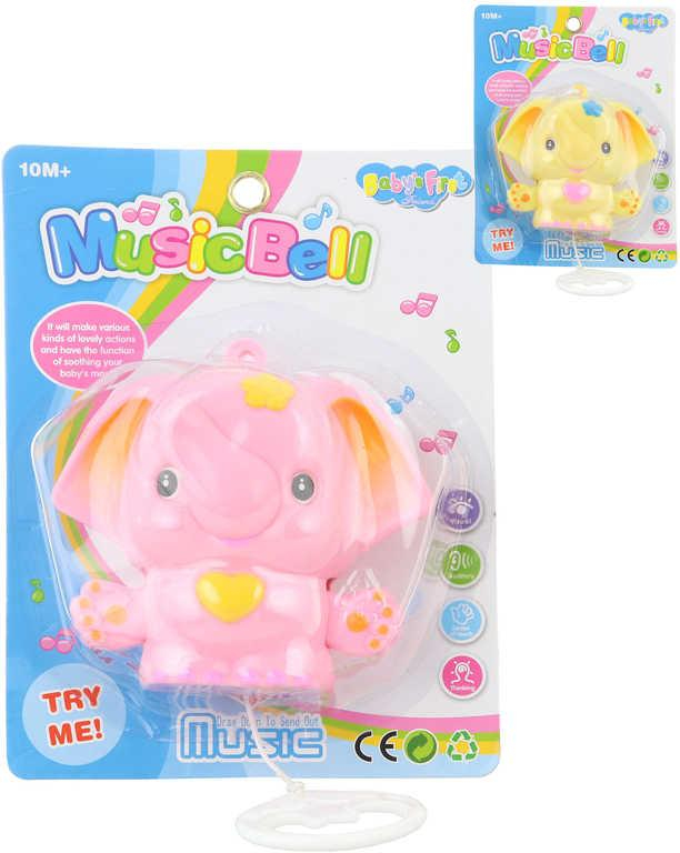 Baby slůně 13cm hrací strojek na natažení s melodií 2 barvy pro miminko