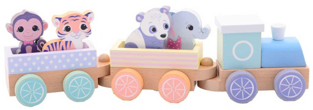 Vláček baby set mašinka + vagonek 2ks se 4 zvířátky pro miminko DŘEVO