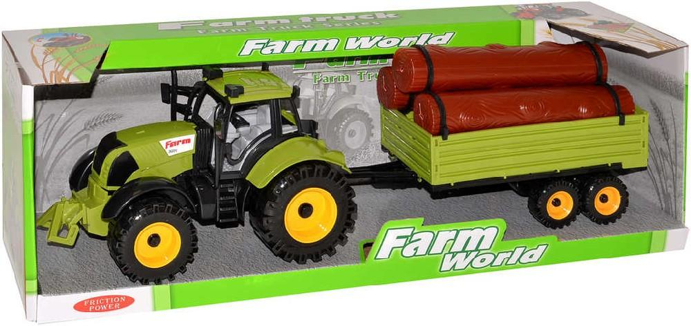 Traktor farmářský 45cm set s vlečkou s nákladem dřeva plastový 2 barvy