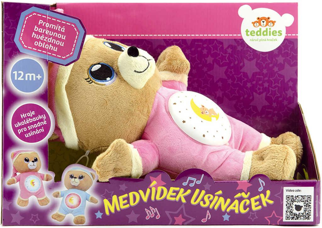 PLYŠ Baby usínáček medvídek 33cm růžový projektor na baterie Světlo Zvuk