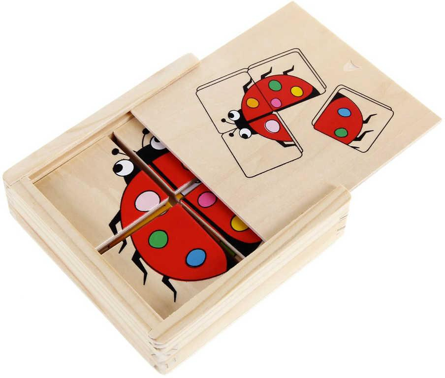 WOODY DŘEVO Baby minipuzzle Beruška 4x4 dílky v krabičce 4v1 pro miminko