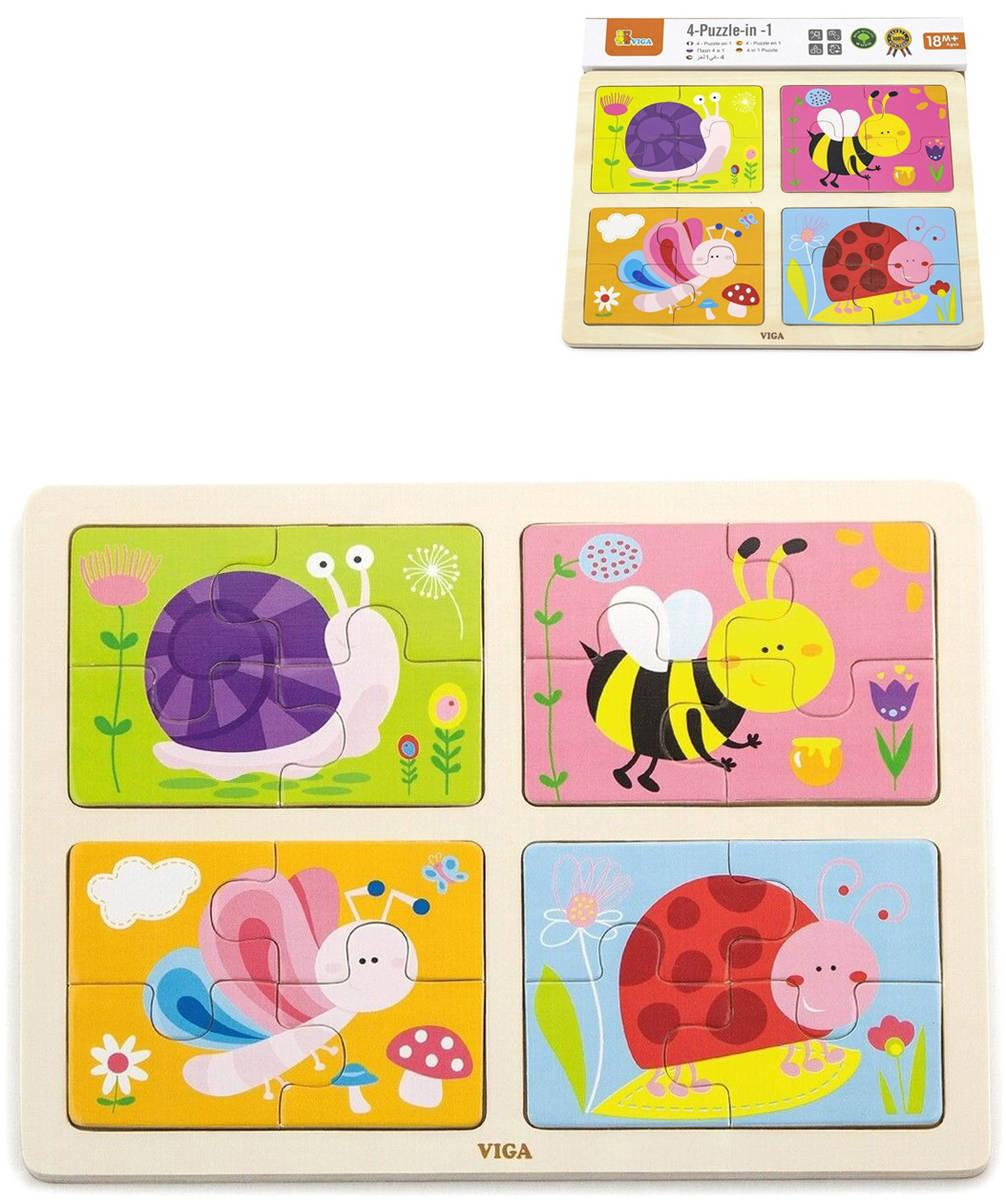 VIGA DŘEVO Puzzle na desce 4v1 hmyz baby skládačka 16 dílků