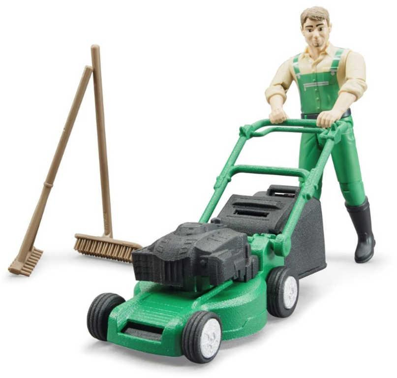 BRUDER 62103 Herní set figurka zahradník + sekačka na trávu se 2 nástroji