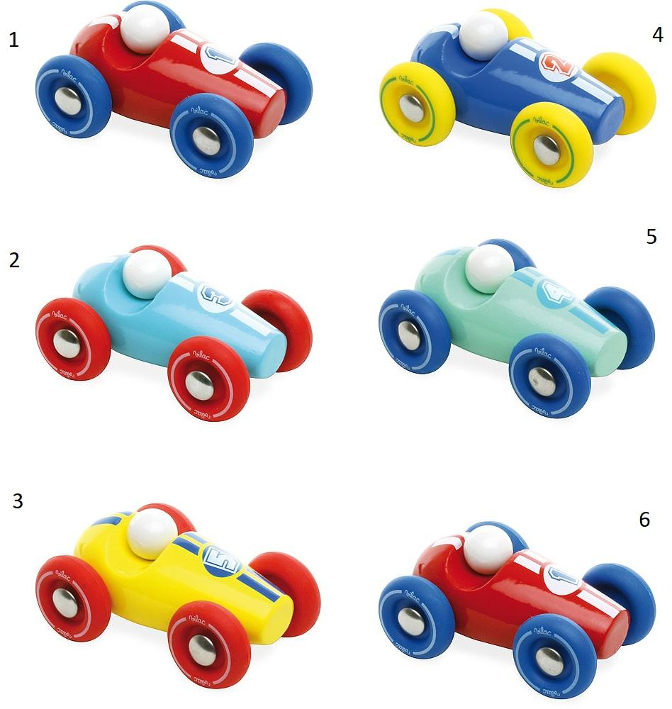 Vilac Dřevěné závodní mini auto 1 ks číslo modré se žlutými koly