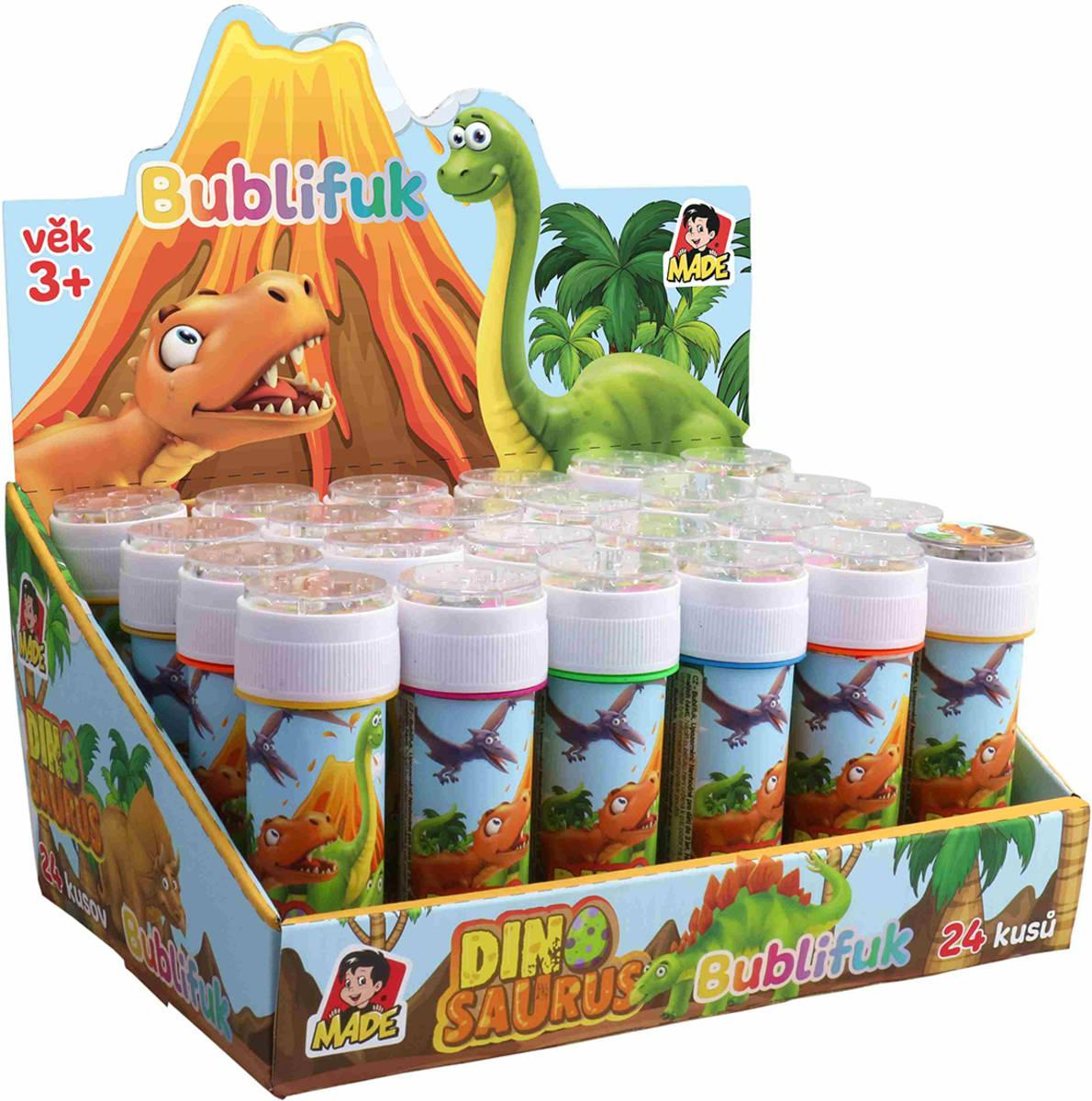 Bublifuk dinosaurus 50ml dětský bublifukovač s hrou ve víčku 5 barev