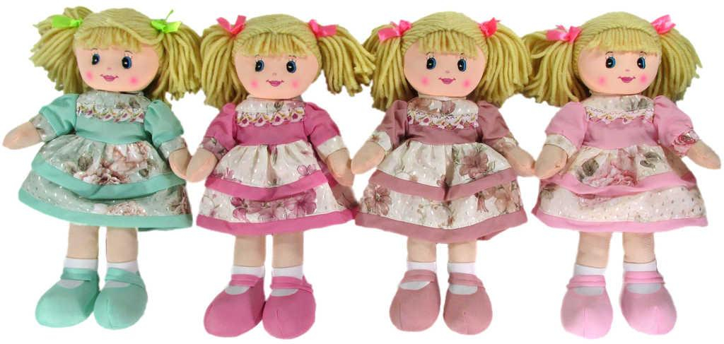 Panenka baby textilní hadrová 30cm s copánky šatičky květované 4 druhy