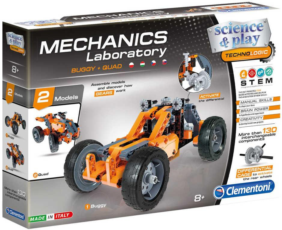 CLEMENTONI Mechanická laboratoř Buggyna a čtyřkolka 130 dílků 2v1 STAVEBNICE