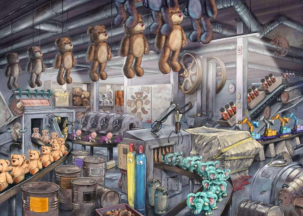 RAVENSBURGER Hra puzzle únikové Továrna na hračky 368 dílků 70x50cm skládačka 2v1