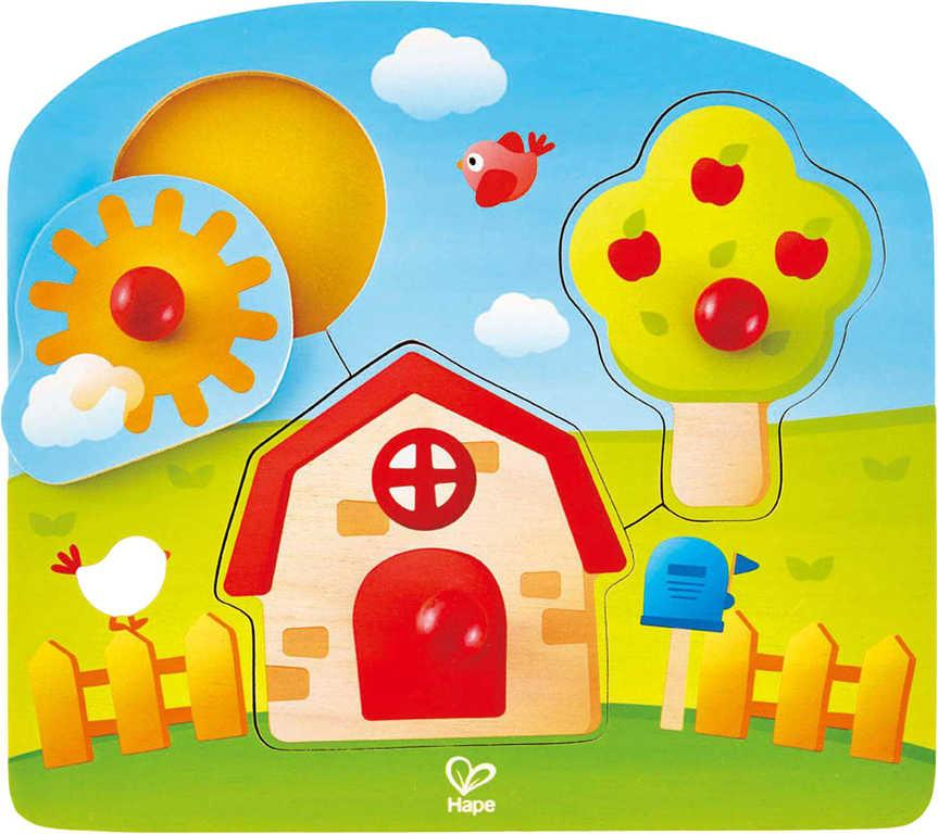HAPE DŘEVO Baby puzzle Venkov vkládací 3 dílky s úchyty na desce