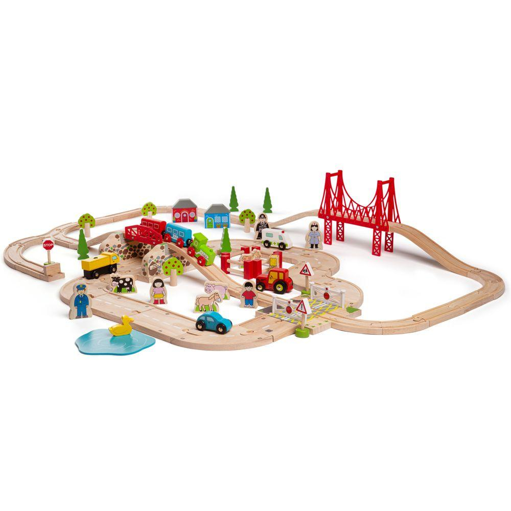 Bigjigs Rail Dřevěná vláčkodráha s venkovskou cestou 80 dílů poškozený obal