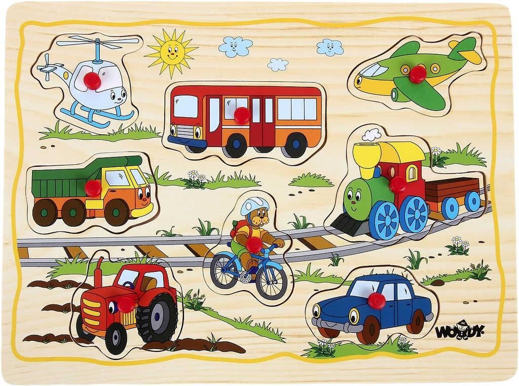 WOODY DŘEVO Baby puzzle vkládací na desce s úchyty 8 dílků různé druhy