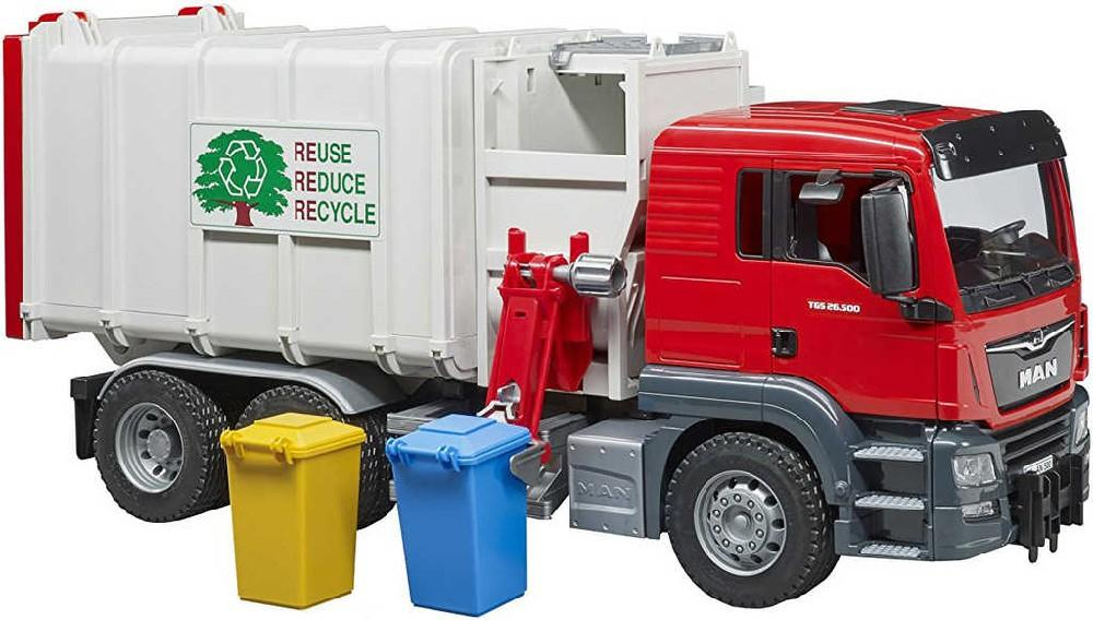 BRUDER 03761 Auto MAN TGS popeláři funkční model 1:16 set se 2 popelnicemi