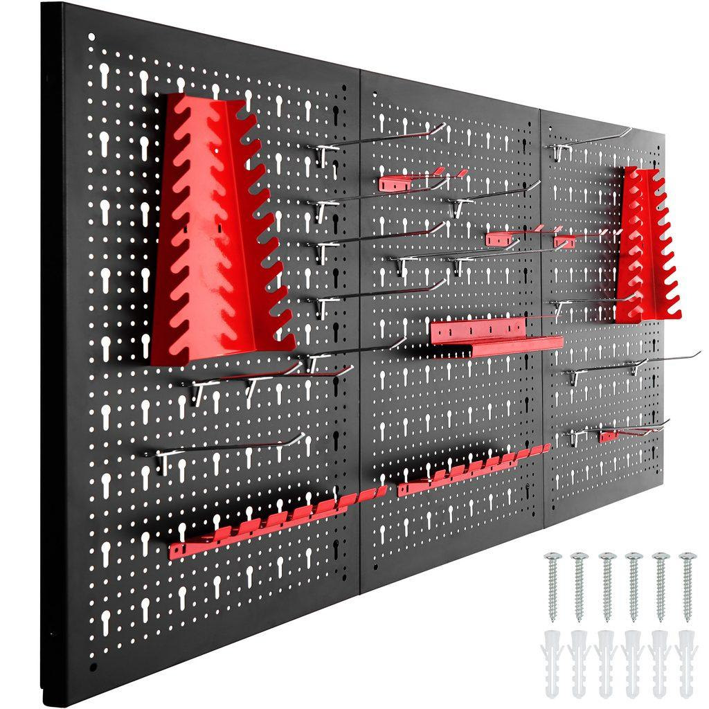 Tectake 403559 děrovaná stěna s 25 háčky a držáky 120x2x60cm - černá/červená černá/červená ocel