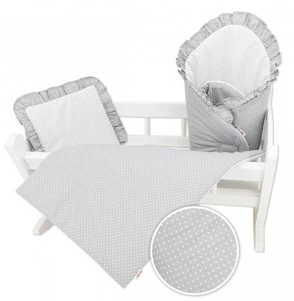 Baby Nellys Luxusní sada pro panenku - zavinovovačka, peřinka a polštářek, šedá s puntíčky