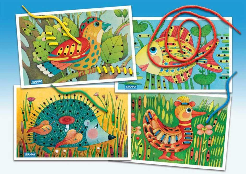 GRANNA Hra Šňůrky a dírky kreativní set 4 karty s 8 provázky vyšívání obrázků