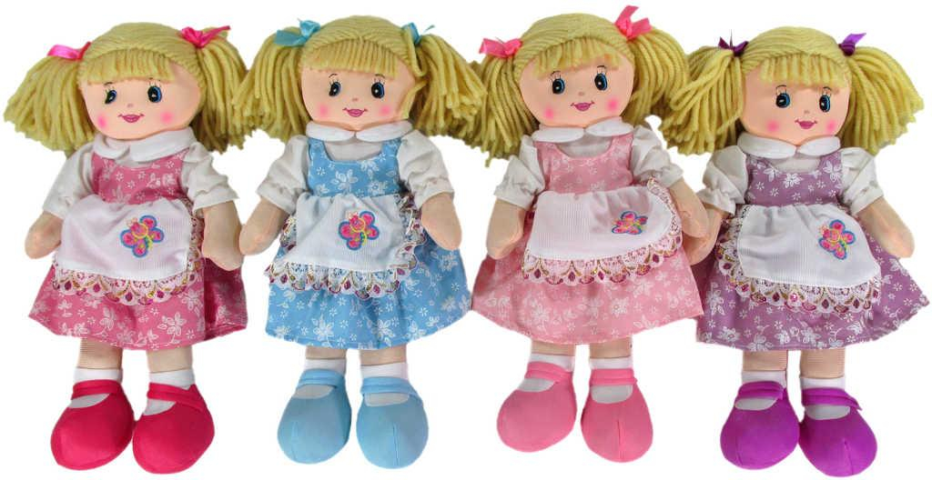 Panenka baby textilní hadrová 40cm s copánky šatičky s krajkou motýlek 4 barvy
