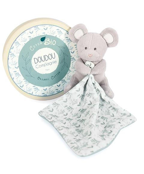 Doudou Plyšová myška s dečkou z BIO bavlny 15 cm zeleno-bílá