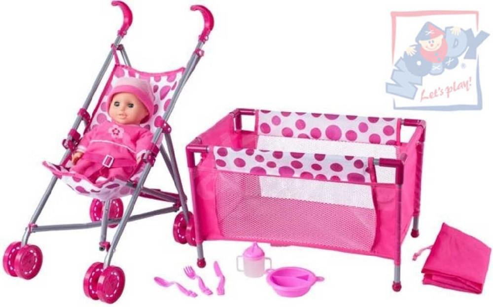 WOODY Kočárek golfové hole baby set panenka miminko s postýlkou a doplňky