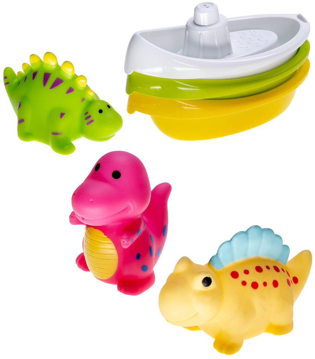 PROFIBABY Baby dinosaurus stříkací 3ks + lodička 3ks pro miminko do koupele
