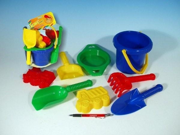 Kbelík sítko lopatka kupecká lopatka hrabičky plast v síťce od 12 měsíců