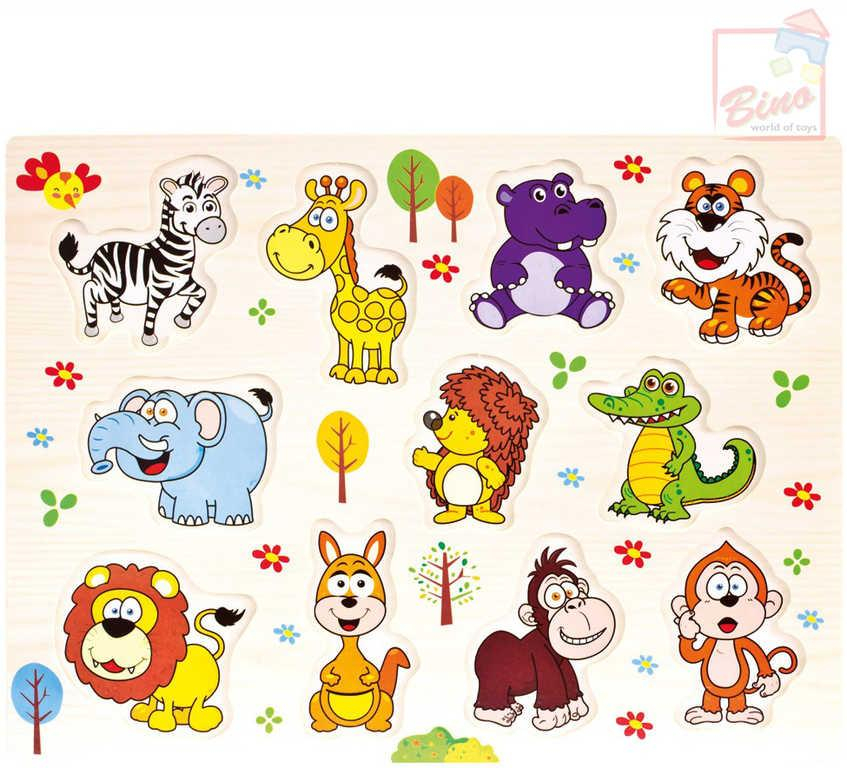 BINO DŘEVO Baby puzzle vkládací zvířátka safari 11 dílků na desce