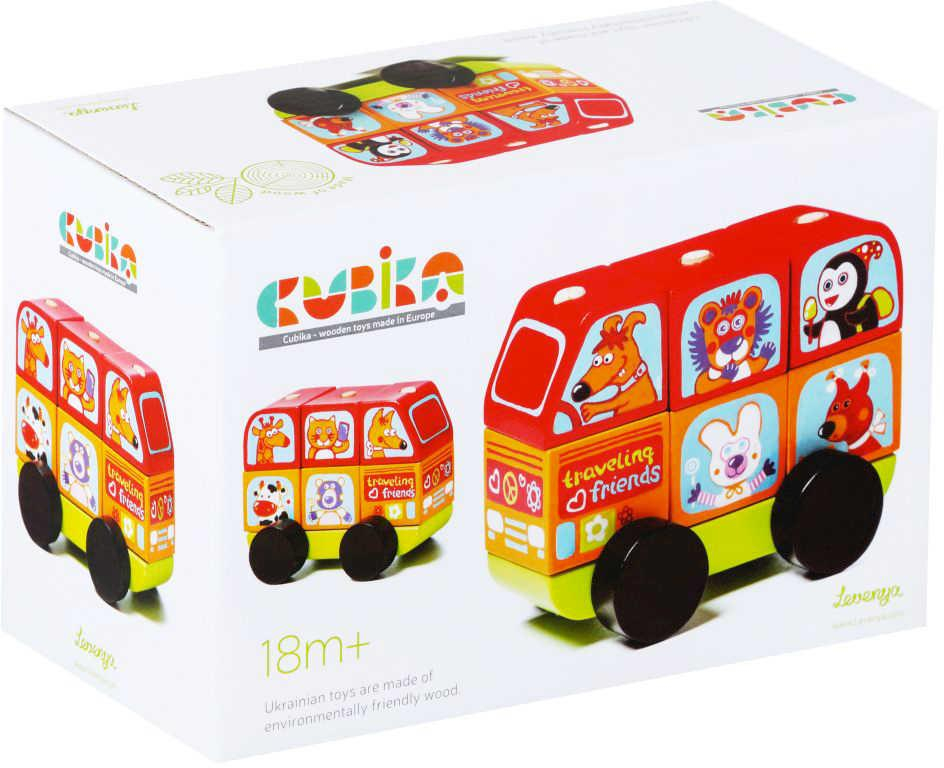 CUBIKA DŘEVO Baby Minibus šťastná zvířátka navlékací stavebnice set 7 dílků